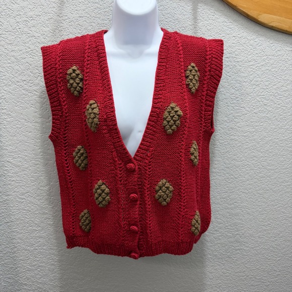 Foxcroft Jackets & Blazers - Vintage Foxcroft Red Hand Knit 100% Wool Vest With Pinecone Appliques Size S